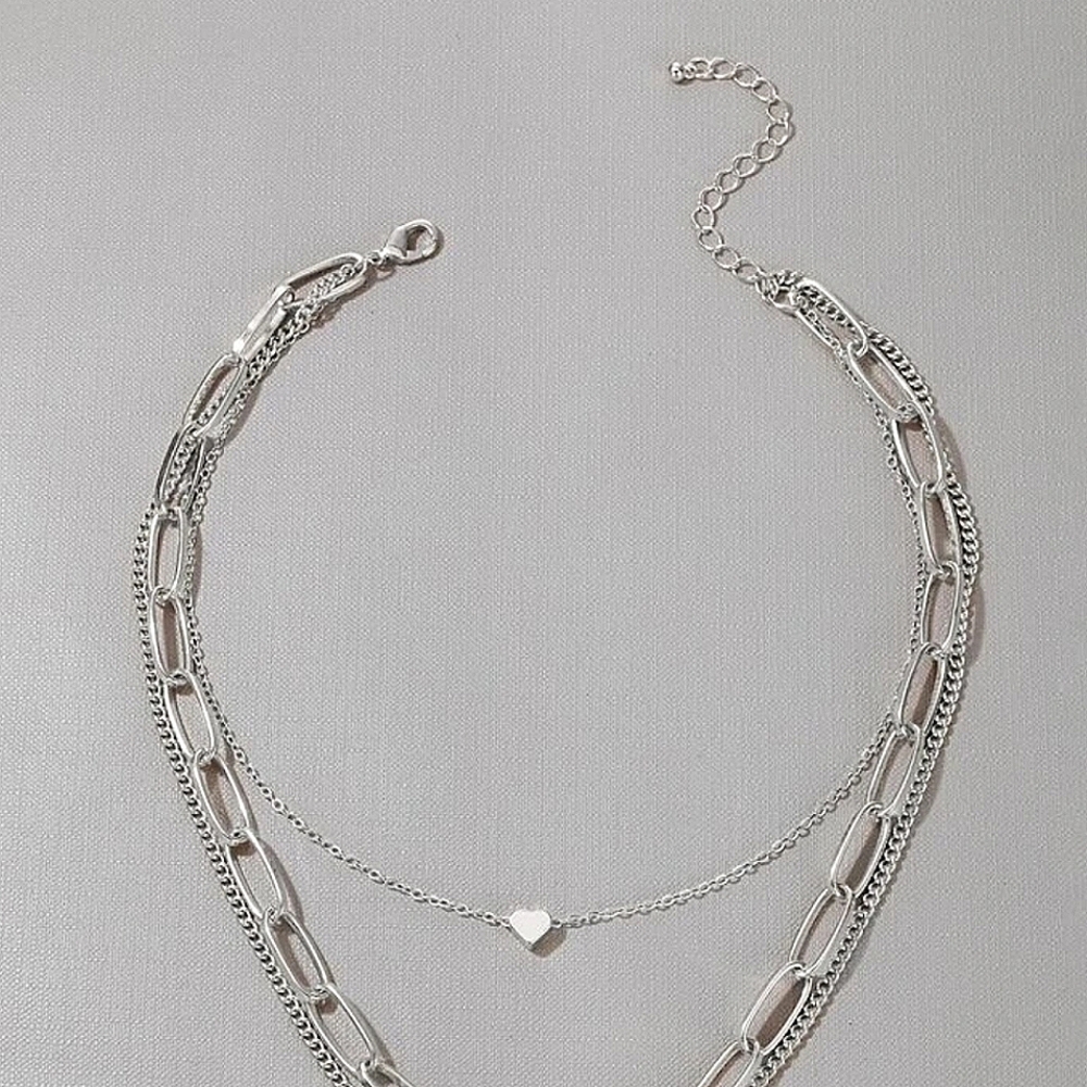Layered Silver Lock Chain Necklace - Picture 4 of 4